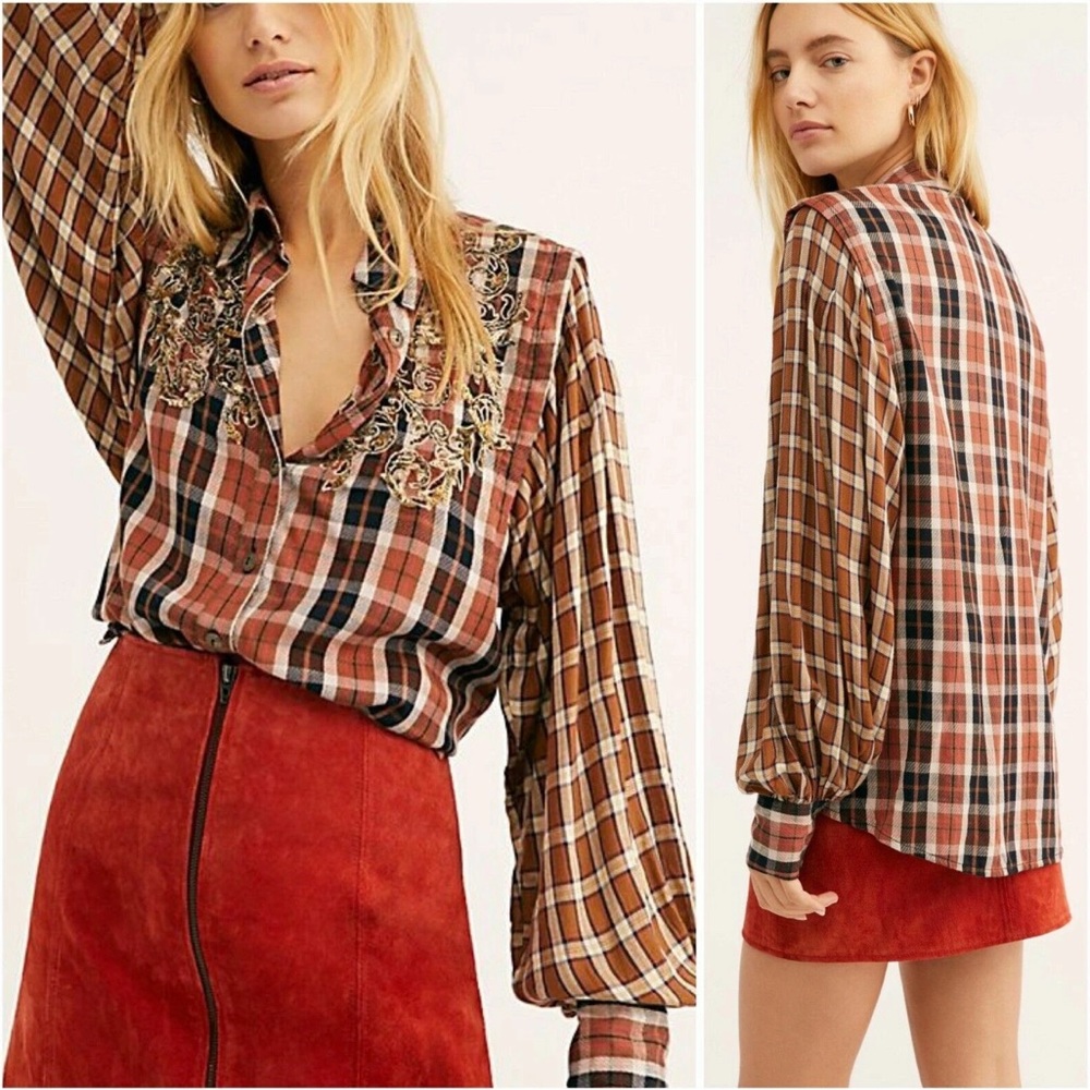 Free People Snow Top Mountains plaid shirt in copper